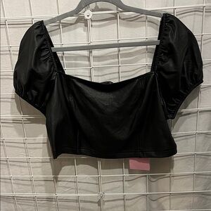 Avec Les Filles Faux Leather Black Puff Sleeve Crop Top. NWT Black cropped.